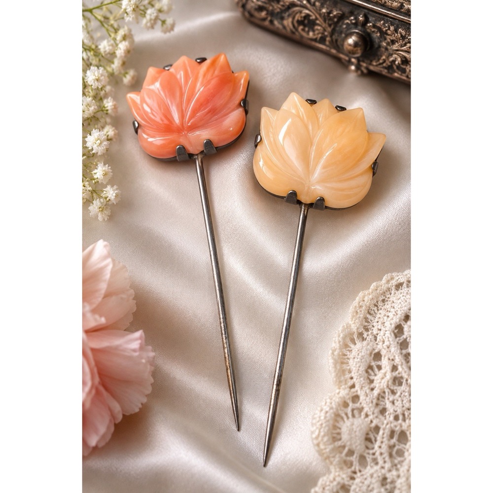 Vintage Mexican Silver Queen Conch Shell Flower Stick Pins 1930s-40s Pair 4"